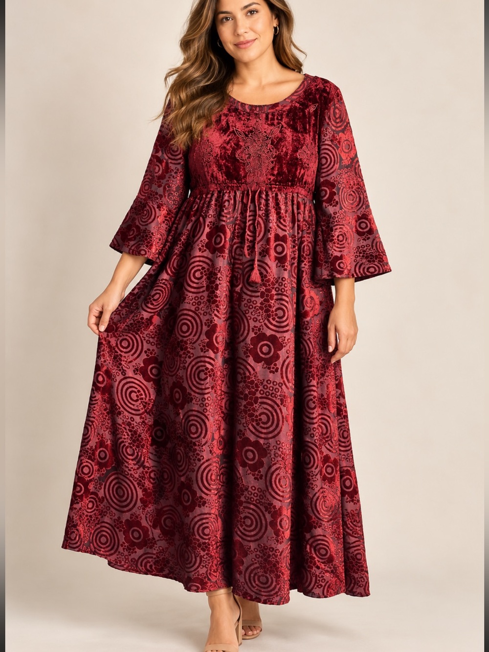 Women's Red Velvet and Jacquard Midi Dress - Classic Boho Style size M whimsigod